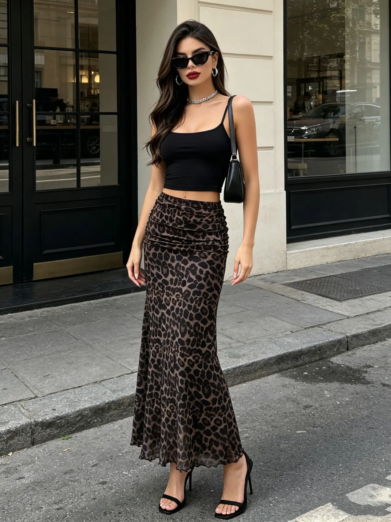 2026 Women's Y2K Leopard-Print Mesh Maxi Skirt: High-waisted, pleated, figure-hugging, stylish bodycon skirt with a sheer fishtail hem. An elegant, Elegance, chic, casual summer dress perfect for parties, nightlife, and shopping. Animal Print Skirt