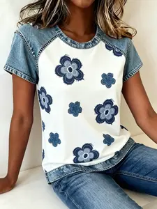 A women's fashionable and gentle casual denim patchwork contrasting short sleeved shirt with loose and slimming design, suitable for summer, home, indoor, and outdoor wear