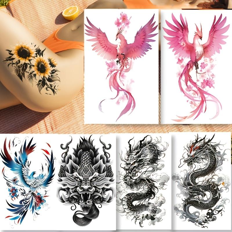 Temporary Tattoo Stickers - 6 Sheets/Set, 12x19cm, Realistic Waterproof Unscented PVC Glitter Casual Body Art, Assorted Phoenix Dragon Designs, Solid Ephemeral Decor for Youth & Children, No Battery Needed, Single Item