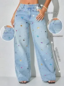 Women's Vintage Colorful Button Jeans, Street Style Wide Leg Pants, Loose Casual Long Trousers for Spring Summer