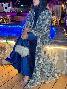 Women's Elegant Muslim Ramadan Summer Embroidered Mesh Floral Open Abaya And Long Sleeve Satin Dress, Casual Loose-Fitting Party Dress, Modest Dress, Modest Muslim Clothing, Islamic Modesty Clothes