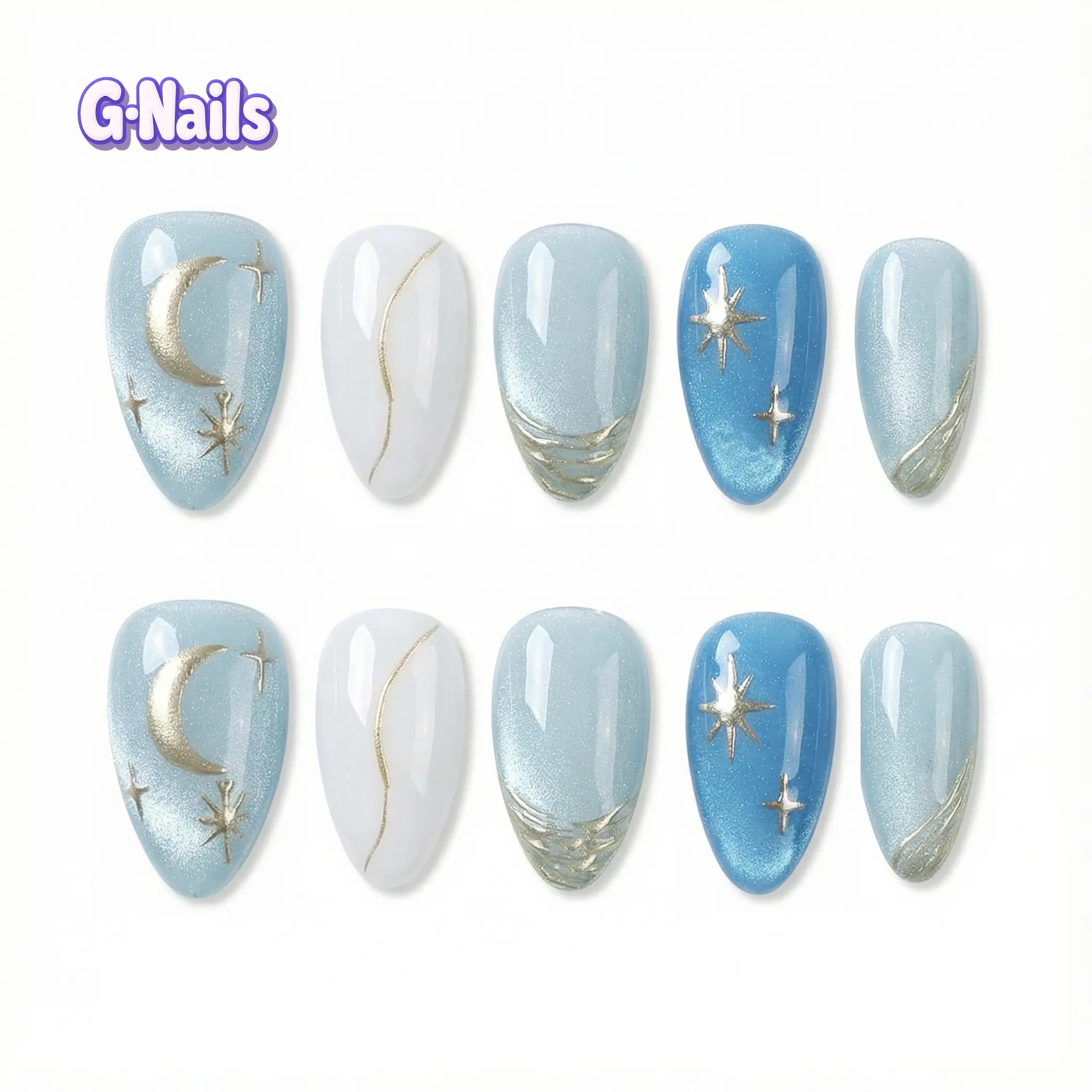 G Nails A93 Blue moonlight 10pcs Handmade Press On Nails with Cat Eye Design for Springnails Premium Craftsmanship, Press On Nails (With Basic Tool Kit), Adhesive Material Press On False Nails