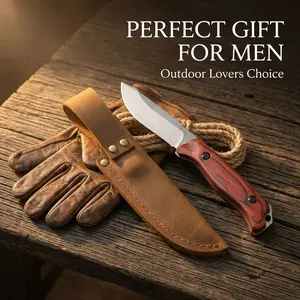 BM 15002 Fixed Blade Hunting Knife S30V Steel with Wooden Handle & Leather Sheath, Compact EDC Outdoor Knife for Camping Fishing Gift for Men