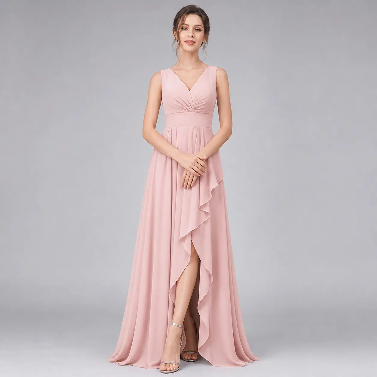 Sleeveless V Neck High Waist Maxi Dress, Ruffled Slit A Line Long Gown, Elegant Chiffon Formal Evening Dress, Wedding Guest Bridesmaid Dress, Flowy Split Party Dress For Women, Chic Formal Dress For Banquet, Prom, Anniversary And Special Occasions