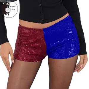 Women Contrast Color Sequin Shorts Red and Blue Metallic Booty Shorts Halloween Clown Costume