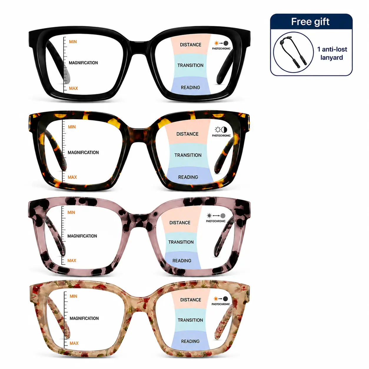 Oversized Square Progressive Reading Glasses, Blue Light Filtering Readers with Spring Hinge, Lightweight Computer Eyeglasses for Women Men