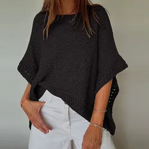 2026 Spring ChicMe Women's Solid Three Quarters Batwing Sleeve Hollow-out Pattern Edges Casual Knit Top