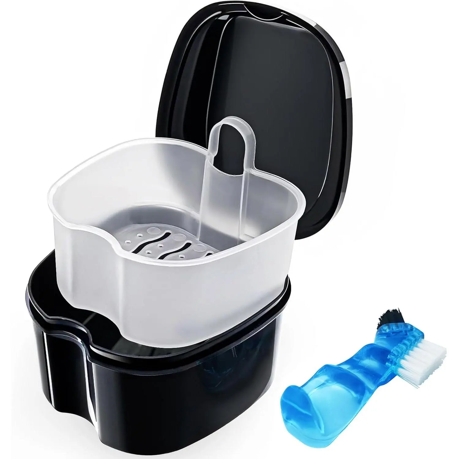 Black Denture Soaking Container Partial Denture Case Orthodontic Retainer Cleaning Cup Dentures Teeth Container with Strainer and Lid Waterproof