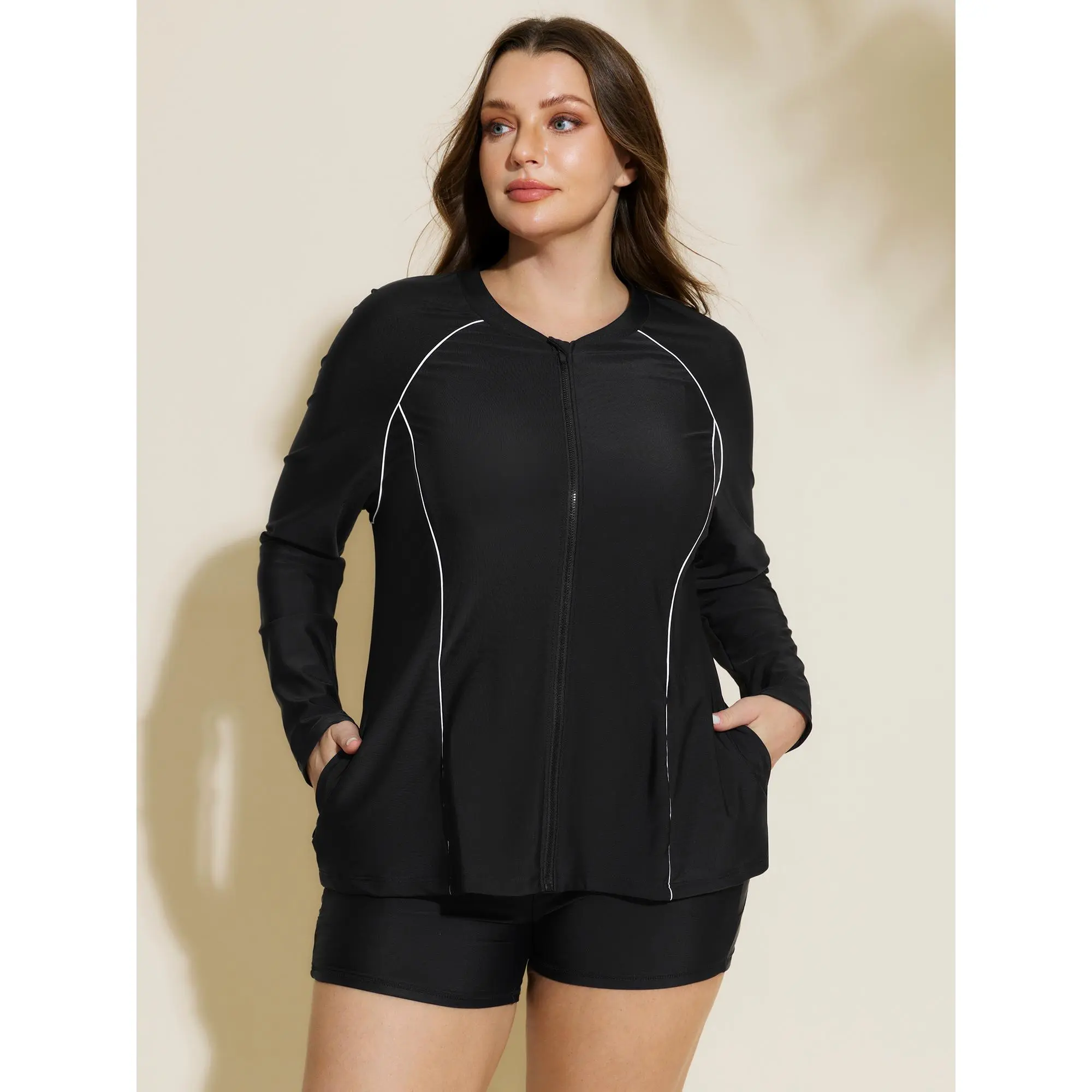 BloomChic Women's Plus Size Fitted Colorblock Long Sleeve Rash Guard Swimwear - Front Zipper, UV Protection, Nylon, High Stretch, No-Chest Pad, Machine Washable - for Swimming, Water Sports