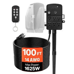 Summervibes VEVOR Outdoor Power Stake, 100FT Extension Cord, Outdoor Power Strip Weatherproof with Cover, Remote Control Dusk to Dawn Light Timer Waterproof, 6 Outlets, 1625W/13A, for Christmas Lights, Garden
