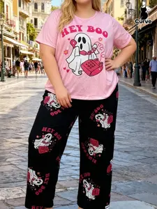 Plus Size Fashionable Women's Halloween Ghost Print Short Sleeve T-Shirt & Long Pants Sleepwear Set, Casual Home Comfort, Pjs, Pajama Set, Loungewear, Womenswear, Casual Comfy Pajama