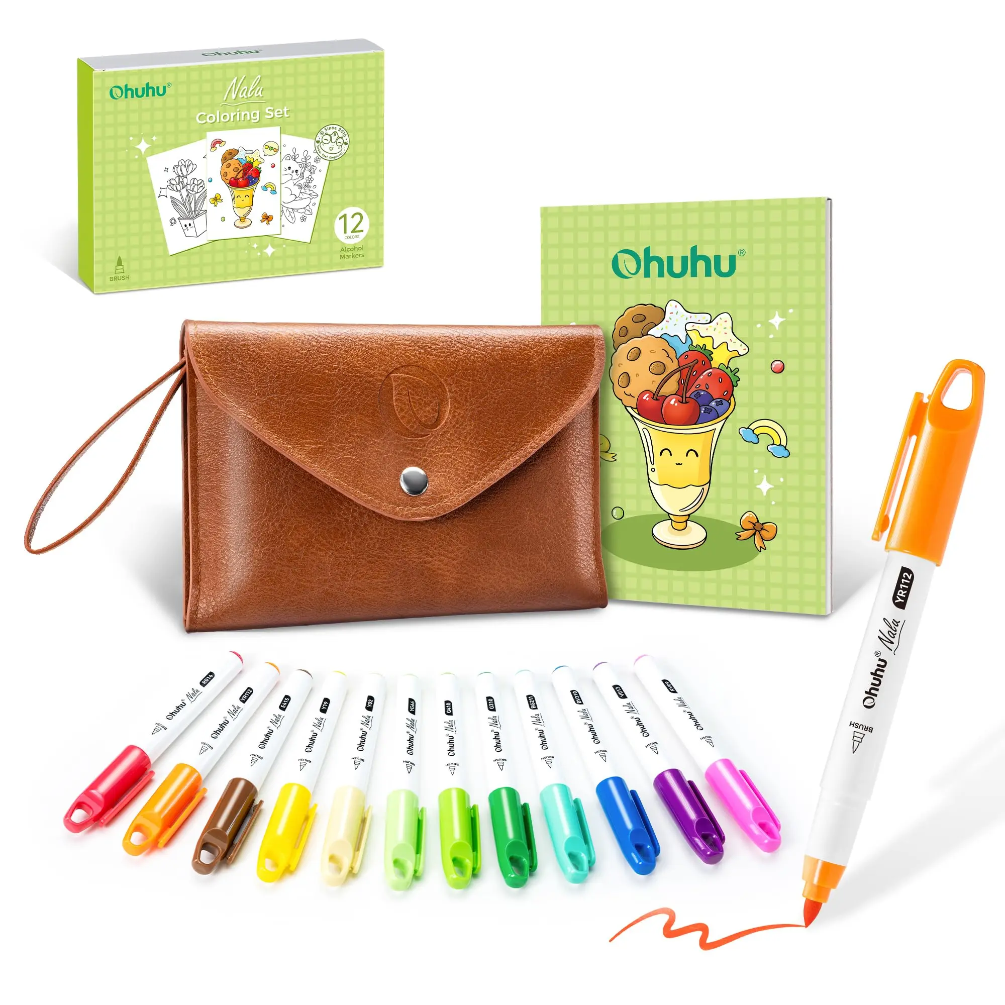 Ohuhu Mini Alcohol Markers: Brush Tip - 12 Colors Killing Time Pocket Travel Coloring Kit, Alcohol-based Markers for Adult Beginners with Coloring Book & Reusable Case - Refillable Ink - Nalu Series of Ohuhu