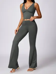 Women's Solid V Neck Crop Tank Top & Ruched Sports Flare Leg Pants Set, Sporty Breathable Comfortable Seamless Two-piece Outfits for Yoga Gym Workout, Ladies Summer Sportswear
