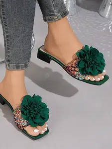 Women's Elegant Patchwork Square Toe Slip-On Shoes, Fashionable Slide Sandals, Artificial PU Leather Medium Width Less Than Ankle Height, Casual Daily Wear, Unique Patchwork, Casual Trendy Sandals