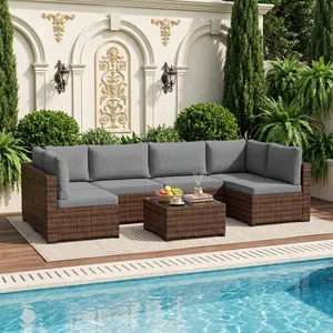 Summervibes 7-Piece Modular Outdoor Rattan Sectional Sofa Set - All-Weather Wicker Patio Furniture with Thick Cushions, Coffee Table & Waterproof Cover, Perfect for Backyard & Porch