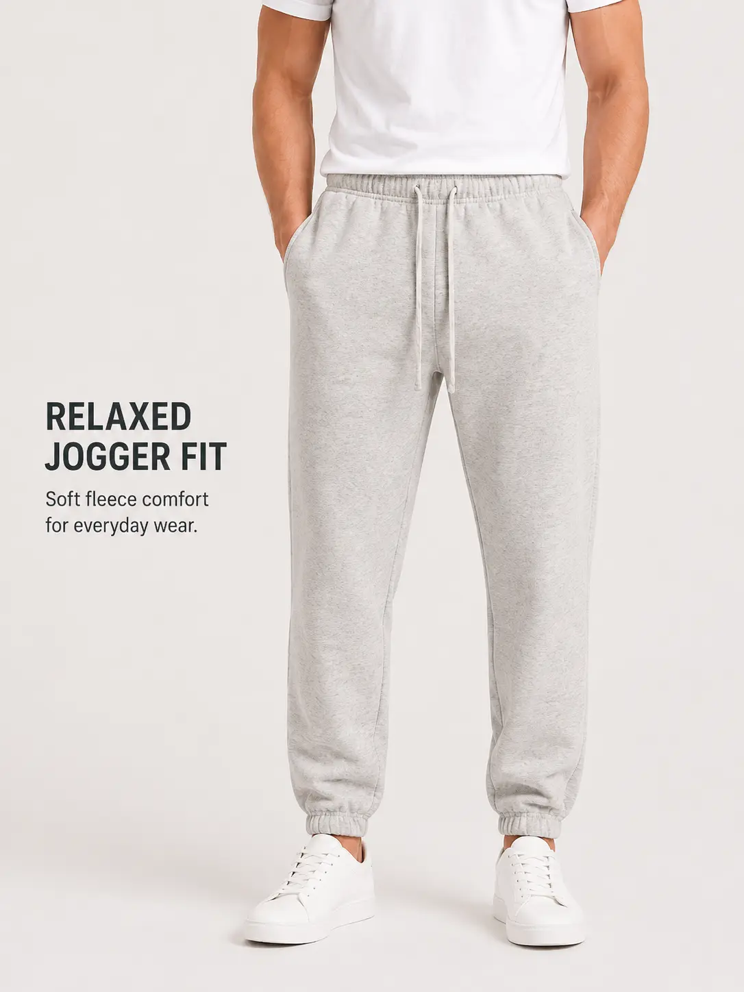 Men's Casual Cotton Joggers, Loose-Fitting Cuffed Lounge Pants with an Elastic Waist and Pockets in Light Gray
