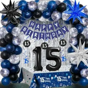 15th birthday decorations for boys and girls dark blue happy birthday banner black number 15 balloons tablecloth foil backdrop star balloons garland arch kit15 years old birthday party supplies