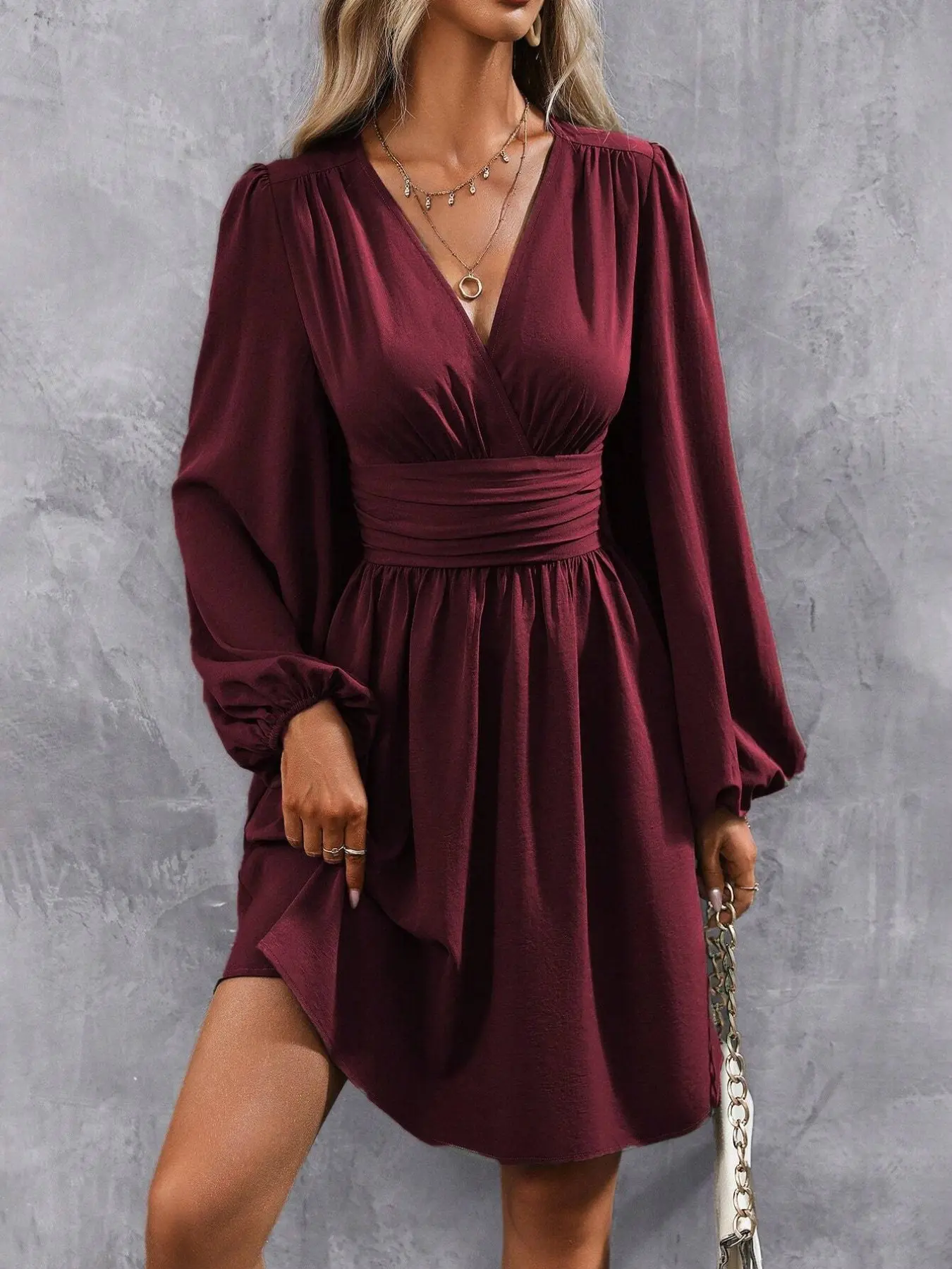 Women's Plain Deep V Neck Fitted Dress, Casual Dress Style Lady Bishop Lantern Long Sleeve Pleated A Line Dress for Spring & Fall, Women's Clothing for Daily Wear, Womenswear