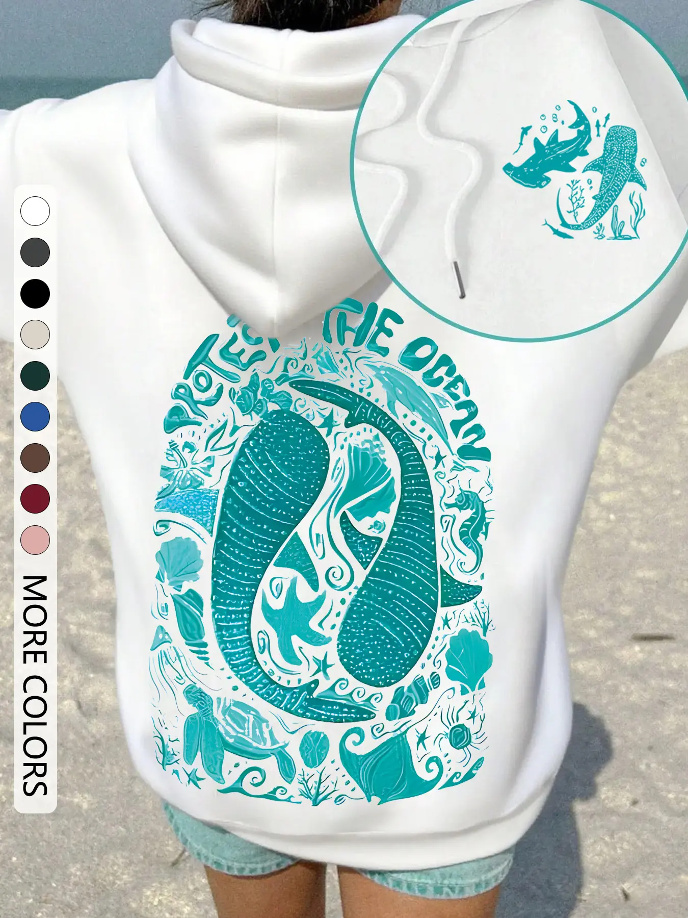 Women's Cartoon Ocean Print Casual Pullover Hoodie, Funny Sweatshirt, Loose-Fit Casual Home Wear, Thick Knit Fabric, Fall & Winter Daily Use, Versatile Top, Casual Comfy Pullover, Loose Fitting Hoodie