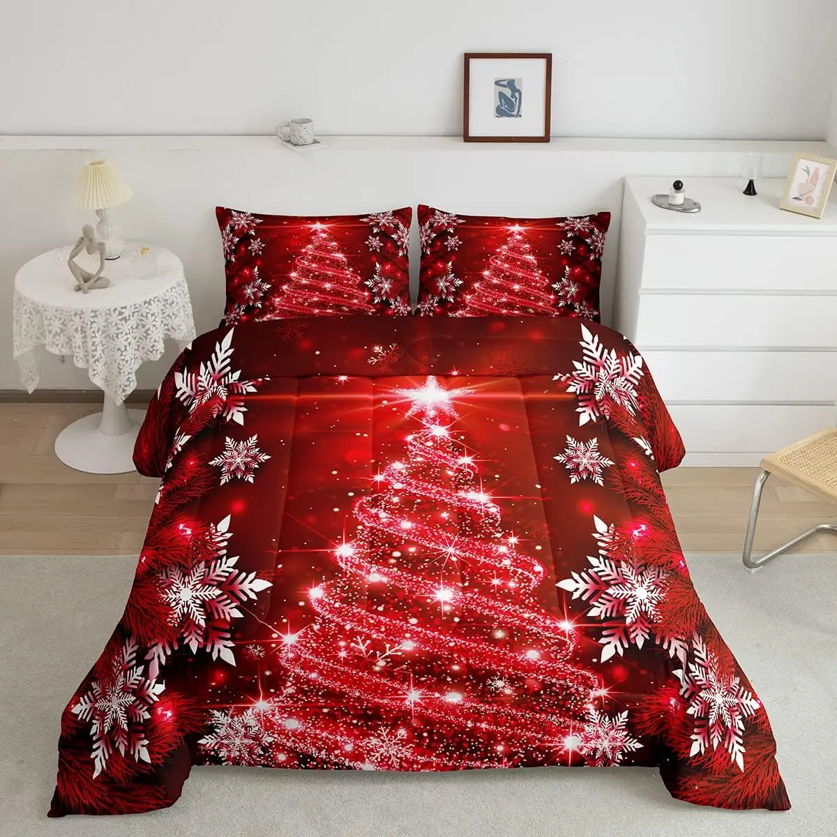 Red Christmas Tree Duvet Comforter Set - Toddler & Adult Complete Bedding, Luxury Chic Christmas Theme, Digital Print Geometric Snowflake Star Design, Soft Breathable Microfibre Fabric, Comfy Bed Setup, Multi-Size