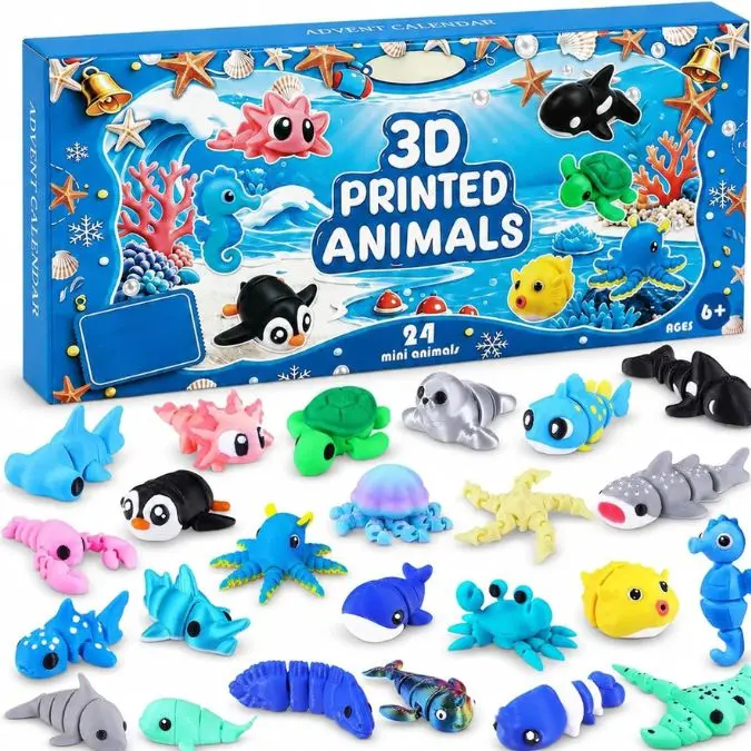 Christmas Advent Calendar Mini 3D Printed Animals 24 Days | 3D Ocean Animals Christmas Countdown Calendar Articulated Flexible Fidget Toys Boys Girls Teen Xmas Party Favors Gifts Set
