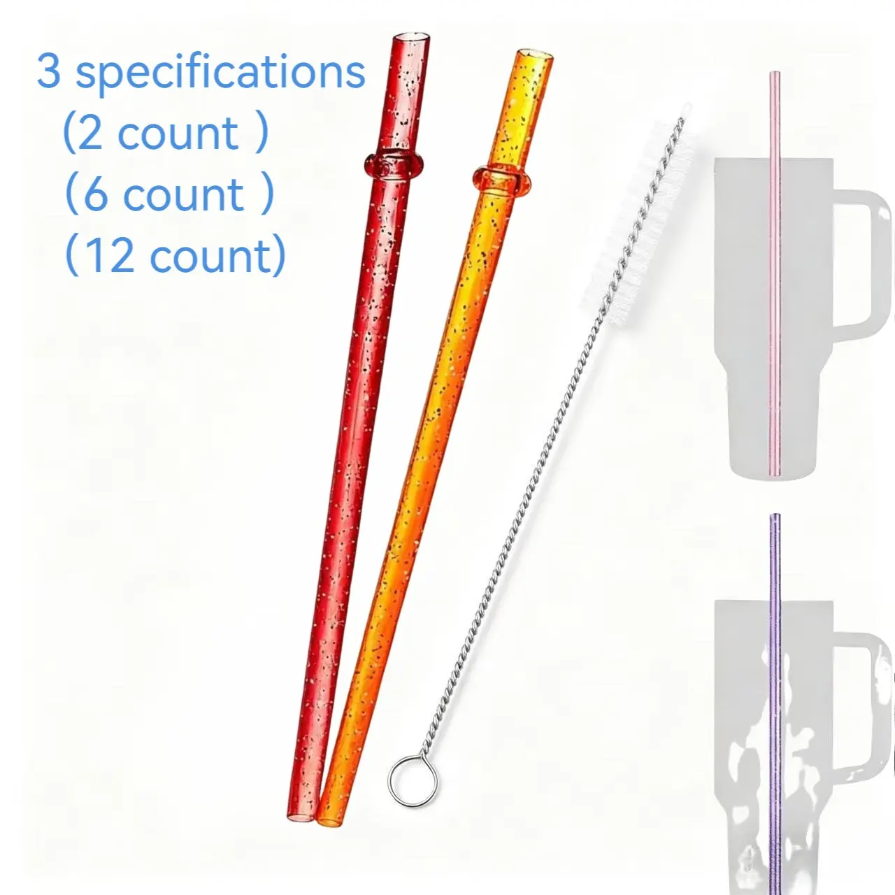 Reusable Colorful Straws with Cleaning Brush, 2/6/12pcs Shiny Straws for 40/30/24oz Tumbler Cups, Drinking Straws for Home Kitchen Party, Plastic Reusable Straw, Drink Accessories