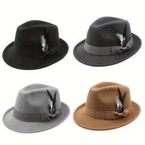 Short Brim Felt Flongo Classic Fedora Hats For Men Women Panama Dress Hat With Feather