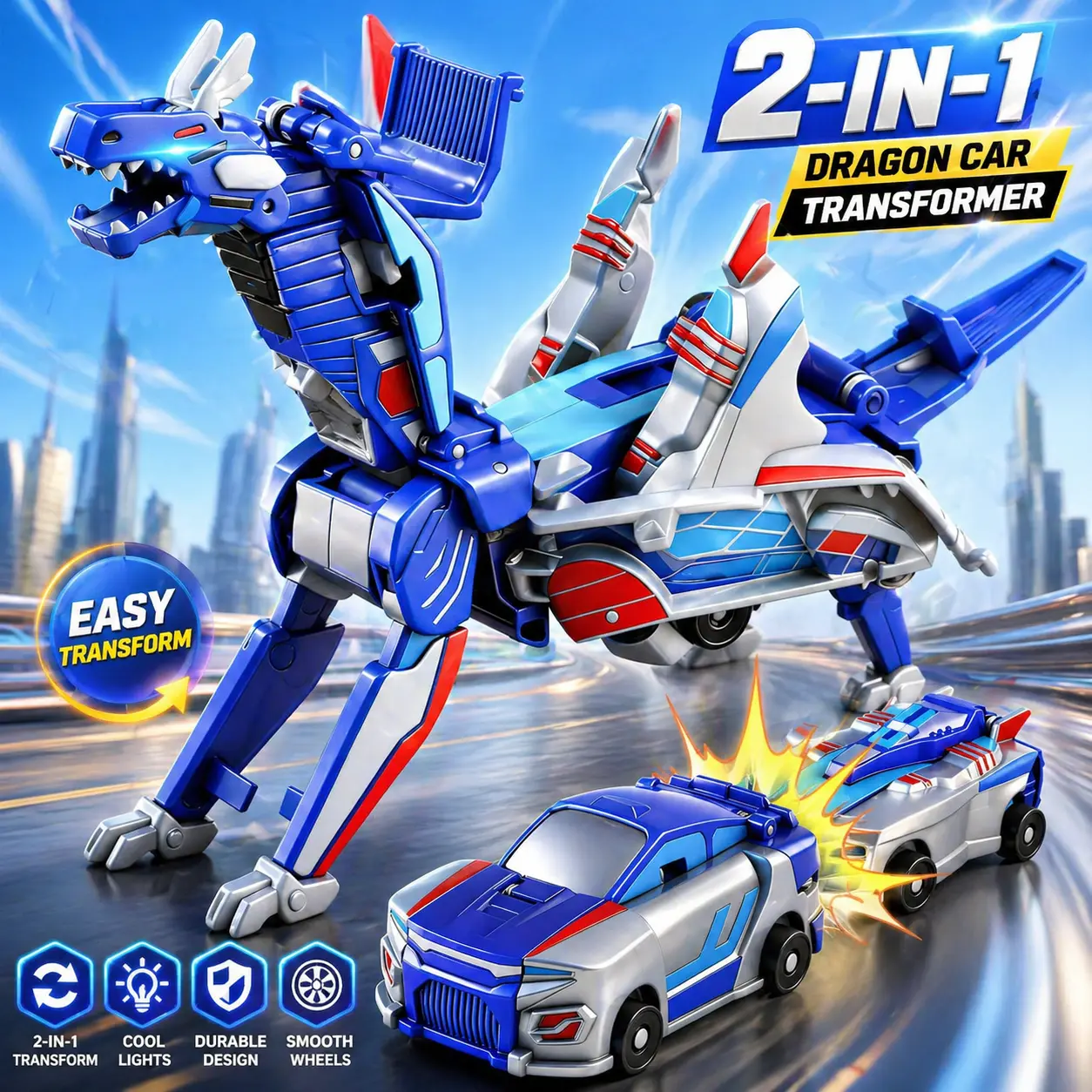 2 in 1 Transforming Robot Car Toy, Collision Deformable Dragon Robot & Sports Car Set, Automatic Transform Vehicle Toy for Kids Boys Girls Gift