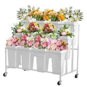 Garvee Flower Display Stand,3 Tier Flower Cart with 12 Round Buckets and Wheels, Moving Flower Cart Display Stand for Garden, Wedding, Flower Shop,White