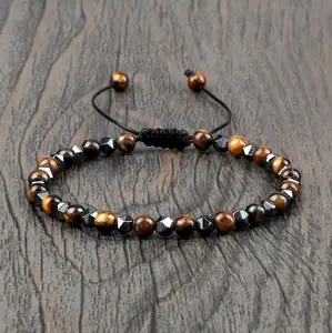 Natural Black Obsidian Tiger Eye Hematite 4mm Beads Healing Spiritual Triple Protection Bracelet for Women Men- Handmade Faceted Beads Adjustable Bracelet