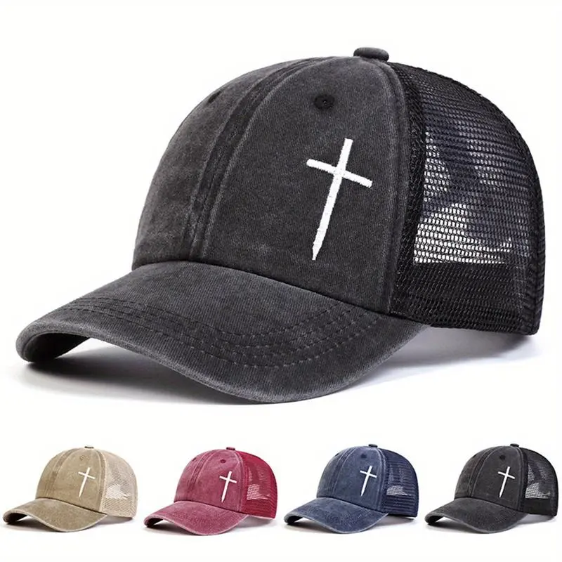 Unisex Cotton Embroidered Cross Snapback Hat - Adjustable Snap, Cotton Mesh, UV Prevention, Women's Leisure Hat, 56-60cm Casual Fashion Accessory for Outdoor Sun Protection, Universal