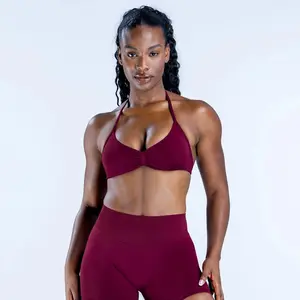 Impact strappy bra with logo seamless design, medium support—perfect for gym use, ideal for all seasons yoga workouts, activewear. High stretch, durable fabric, removable pads, flattering front scrunch