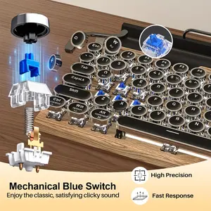 Retro Typewriter Wireless Mechanical Gaming Keyboard, Vintage 83-Key With Blue Switches, LED Backlight, Punk Round Keycap, Compatible With PC/Laptop/Pad/Phone, Wireless Office Computer