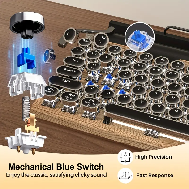 Vintage 83-Key Blue Switch Wireless Bluetooth Mechanical Gaming Keyboard, Typewriter Design with LED Backlit Stand, for Personal Computers, Laptops, Office Work Use