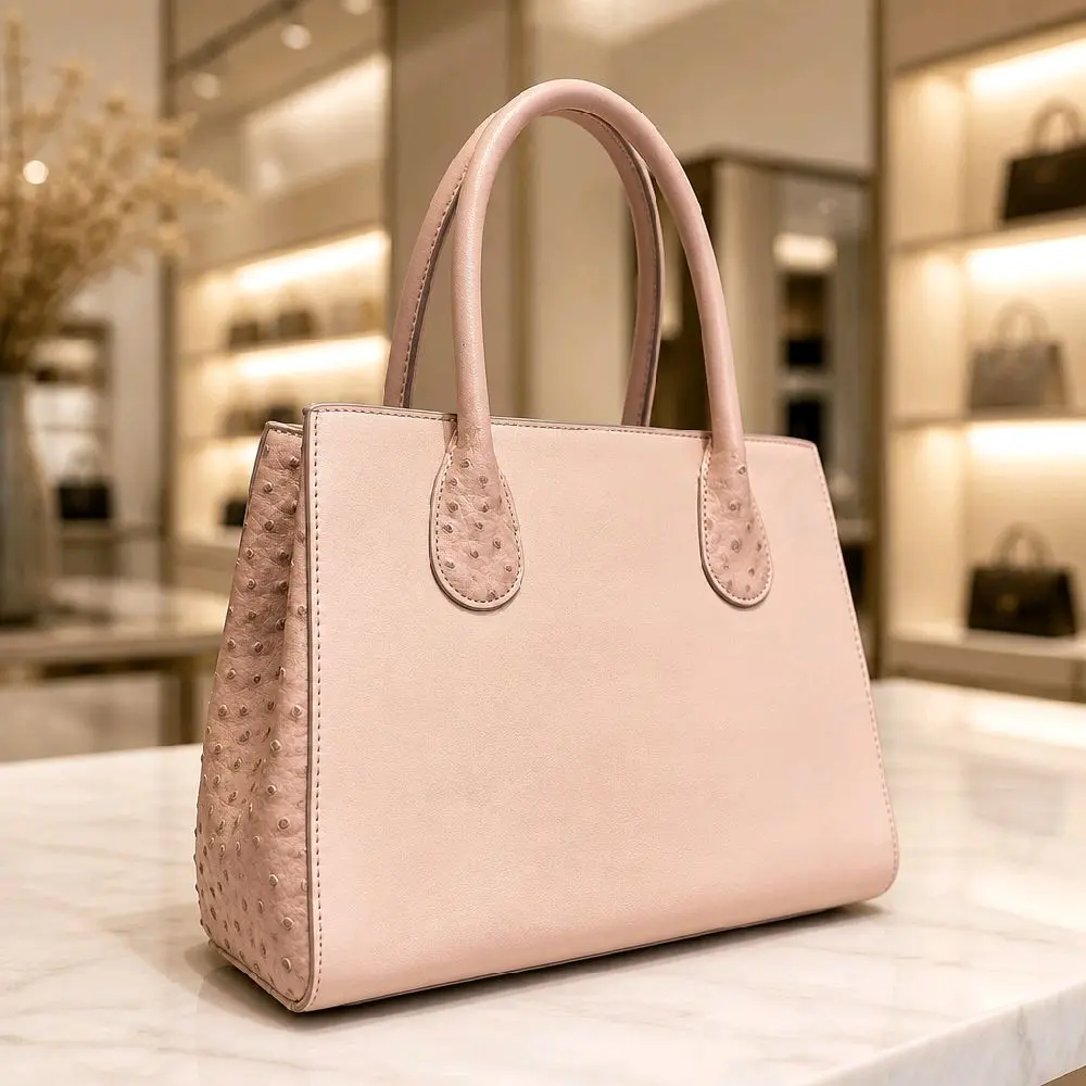 NWT V Luxury Pink Ostrich-Embossed Vegan Leather Satchel Top Handle Shoulder Bag