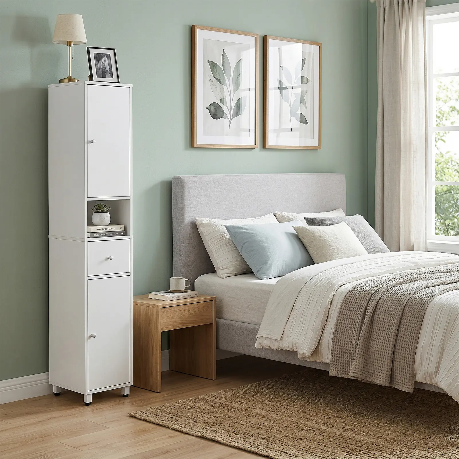 Modern Compact White Melamine Veneer Particleboard Tall Freestanding Narrow Vertical Storage Cabinet - 2 Doors, 1 Drawer, Open Display Shelf, Adjustable Inner Shelves - for Bathroom, Bedroom
