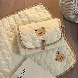 Cream Bear-Patterned Portable Diaper Changing Pad, Multifunctional Diaper Bag, Foldable and Breathable Polyester with Adjustable Strap for Travel, Secure Closure and Diaper Pouch