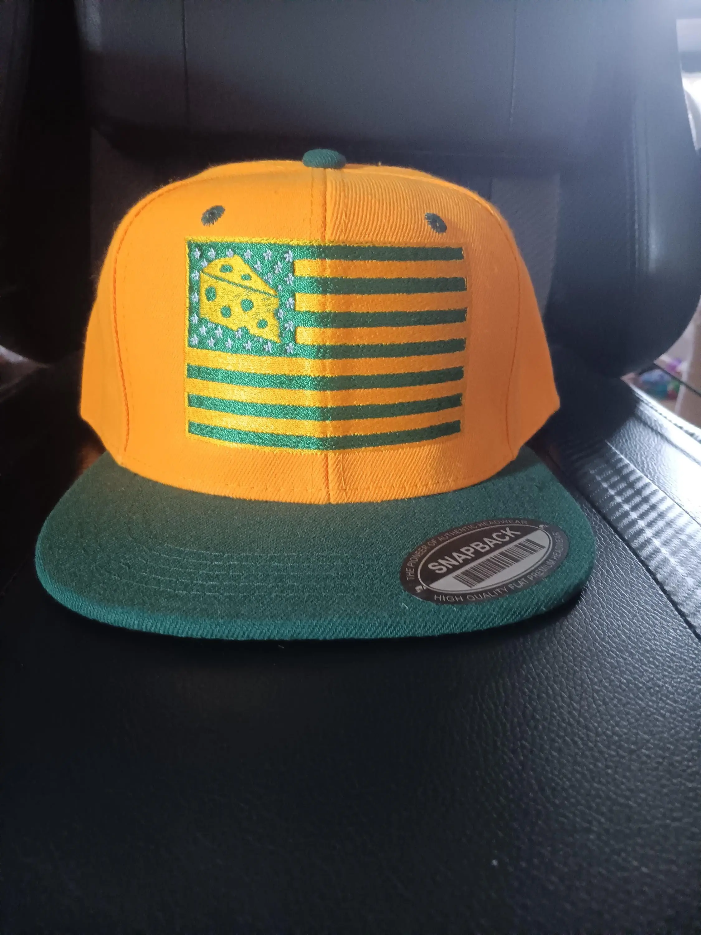 Cheesehead Trucker Hat - Packers Design with Cheese Flag, Bold Graphic Funny Brightly Colored Hat for Fashion Enthusiasts, Funny Hats