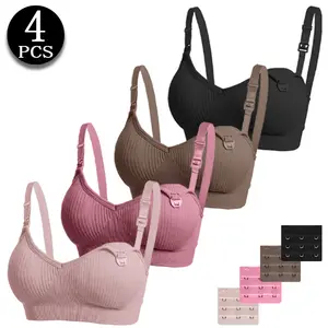 4 PCS Ribbed Nursing Bras for Breastfeeding, Maternity Wireless Bras with One-Handed Clasp & Adjustable Back Hooks, Postpartum Daily Wear Essentials