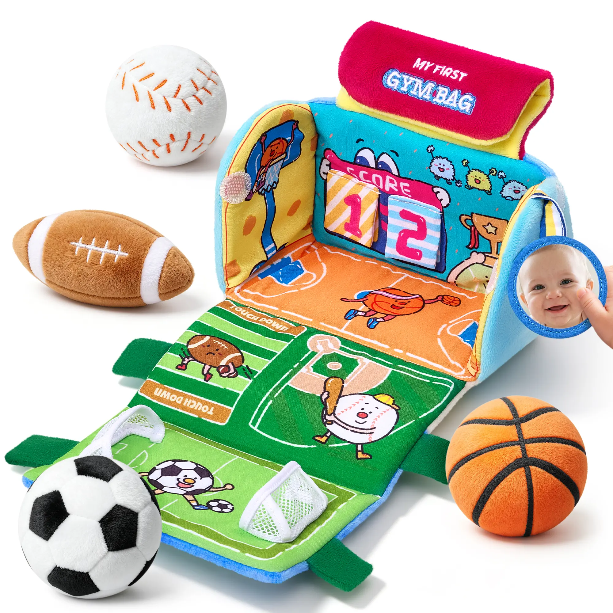 Joycat Baby Toys 0-12 Months, My First Sports Bag Plush Toy, 4 Sensory Balls with Multi-Game Court, Crinkle Rattle for 0-3-6-9-12 Month Newborn Tummy Time Toys, Baby Travel Toy Gifts for Boys Girls
