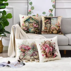 Single-Sided Printing Floral Bicycle & Garden Scene Throw Pillows for Home Decor