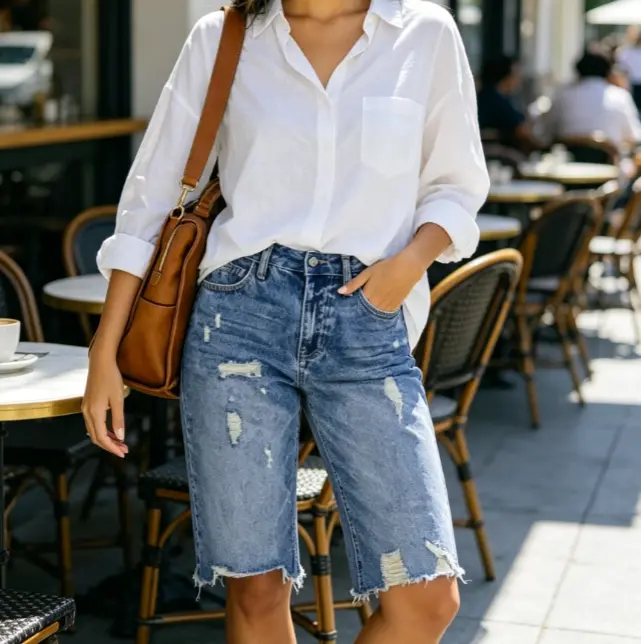 Lady's Fashion Bermuda Jean Shorts, Basic Mid-Rise Stretch Denim with a Roll-Cuff Hem for Everyday Wear, Simple, Fitted, Minimalist, Bottom, Chic, Comfortable, Women, Style, Casual, Jorts For Women, Machine Wash