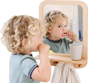 Montessori Wooden and Acrylic Wall Mirror with Hooks for Toddlers