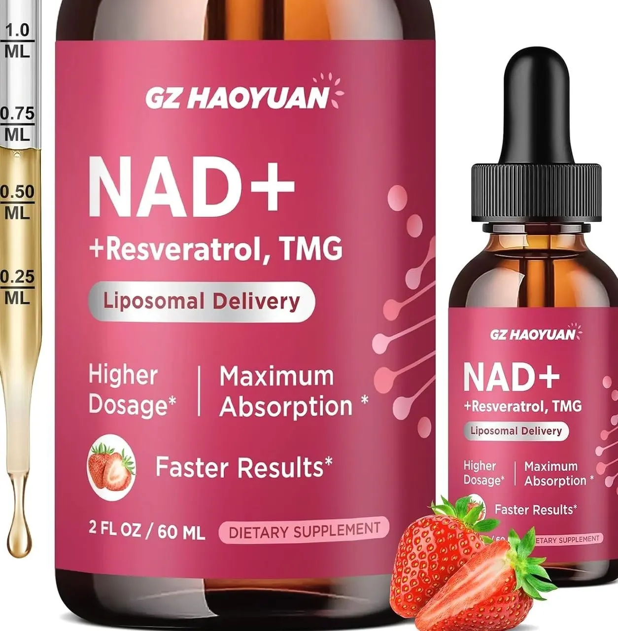 NAD Liquid Supplement for Women, Liposomal NAD+ Drops 1200MG with NAD Plus Resveratrol, Tmg, Quercetin, Anti-Aging, Cell Regeneration, Energy & Metabolism Support, Strawberry Flavor