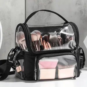 Clear Makeup Organizer Bag with Pockets Transparent Professional Makeup Bag Makeup Travel Makeup Artist Bag with Shoulder Strap and Adjustable Dividers, Black