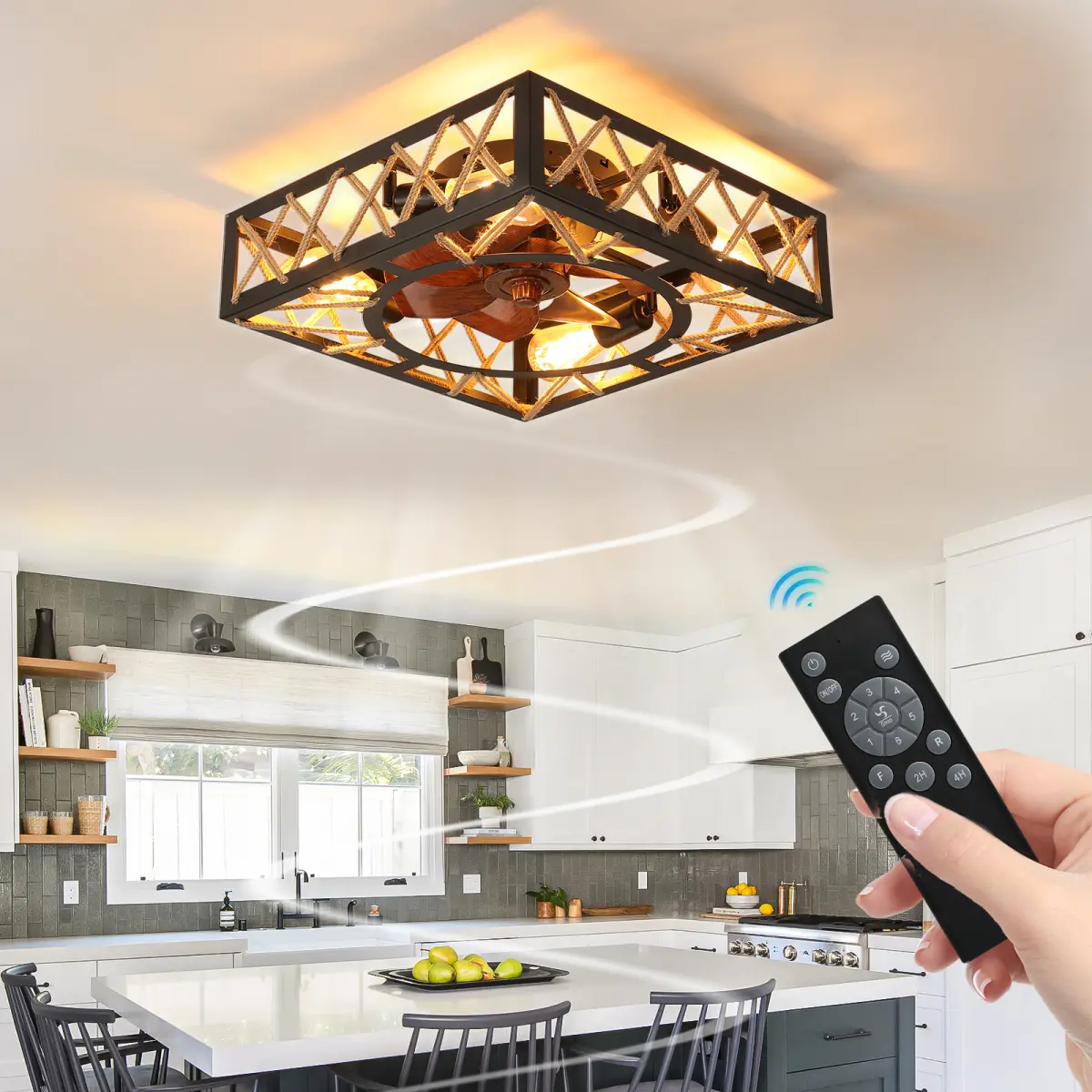 Farmhouse Style Wood-Finish Square Caged Contemporary Ceiling Fan with 7 Powerful Small Blades, 6-Speed Noiseless DC Motor, Adjustable Light Kit, Remote Control for Kitchen, Living Room
