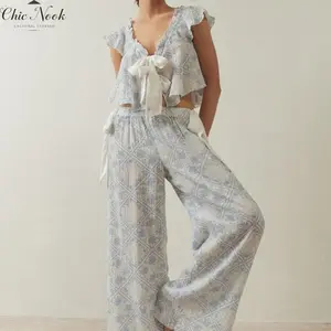 Women Tie Up Pajamas Lounge Set Y2k Floral Tops and Wide-Leg Pants 2 Piece Loungewear Outfits