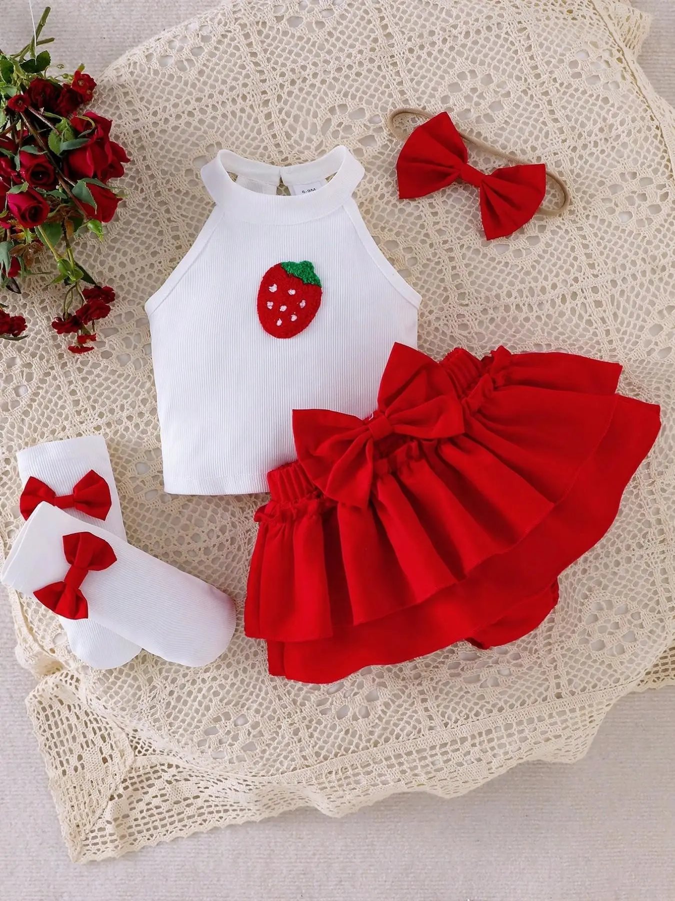 Baby Girl Sweet Fashion 5-Piece Set, Strawberry Patch Sleeveless Halter Top & Bowknot Detail Layered Skirt & Headband & Socks