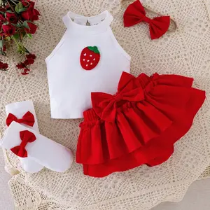 Baby Girl 5-Piece Set, Strawberry Embroidered Sleeveless Halter Top, Bowknot Layered Skirt, Butterfly Headband, Socks, Sweet Cute Fashion