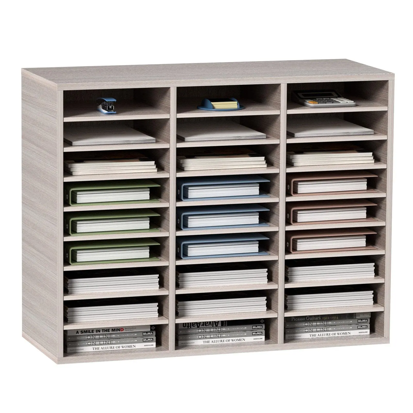 【Summerfinds】27-Slot Wood Desk Organizer - Clutter-Free Display Tray, Stationery File Racks, Book/Magazine Holder, Paper Storage for Office Supplies (Grey), All-Purpose Table Organizer, Desk Accessory, Table Organizers